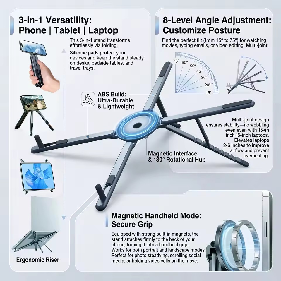 Laptop Accessories Organizer - ที่วางโทรศัพท์แม่เหล็กแบบพกพาและไม้เซลฟี่ 3-in-1 ขาตั้งกล้องแบบพับได้สำหรับ iPhone iPad แท็บเล็ต