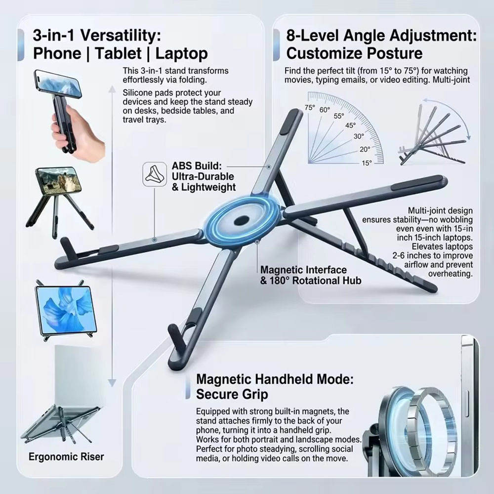 Laptop Accessories Organizer - ที่วางโทรศัพท์แม่เหล็กแบบพกพาและไม้เซลฟี่ 3-in-1 ขาตั้งกล้องพับได้สำหรับใช้งานกับ iPhone, iPad, แท็บเล็ต,