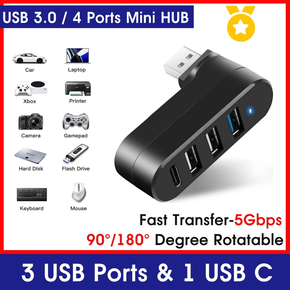 Laptop Accessories Hub - มินิสปลิตเตอร์ 4 พอร์ตยูเอสบีฮับ 3.0 กล่องหมุนได้ USB